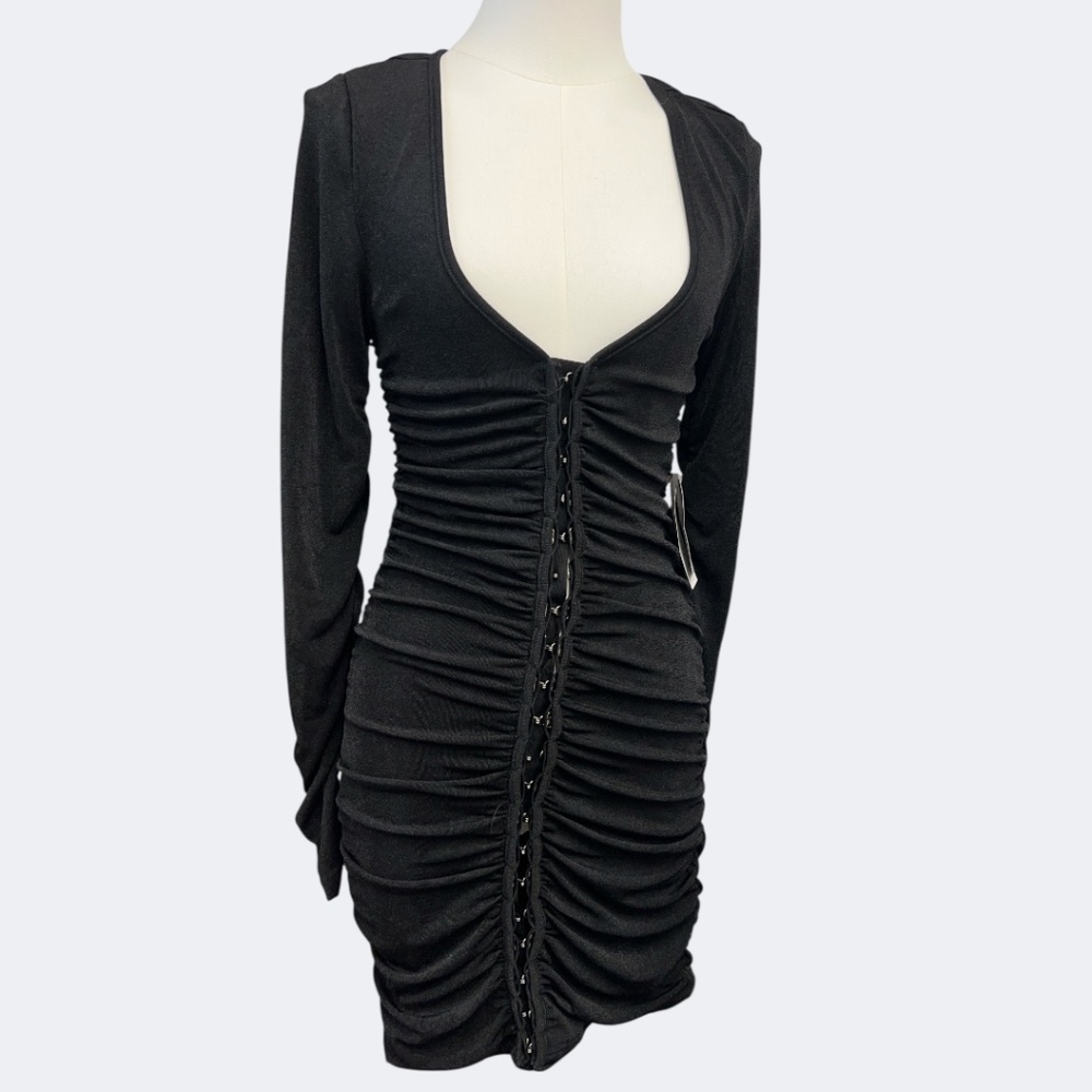 Bardot Dress Womens XS Black‎ Long Sleeve Ruched Mini Bodycon Hook and Eye Front